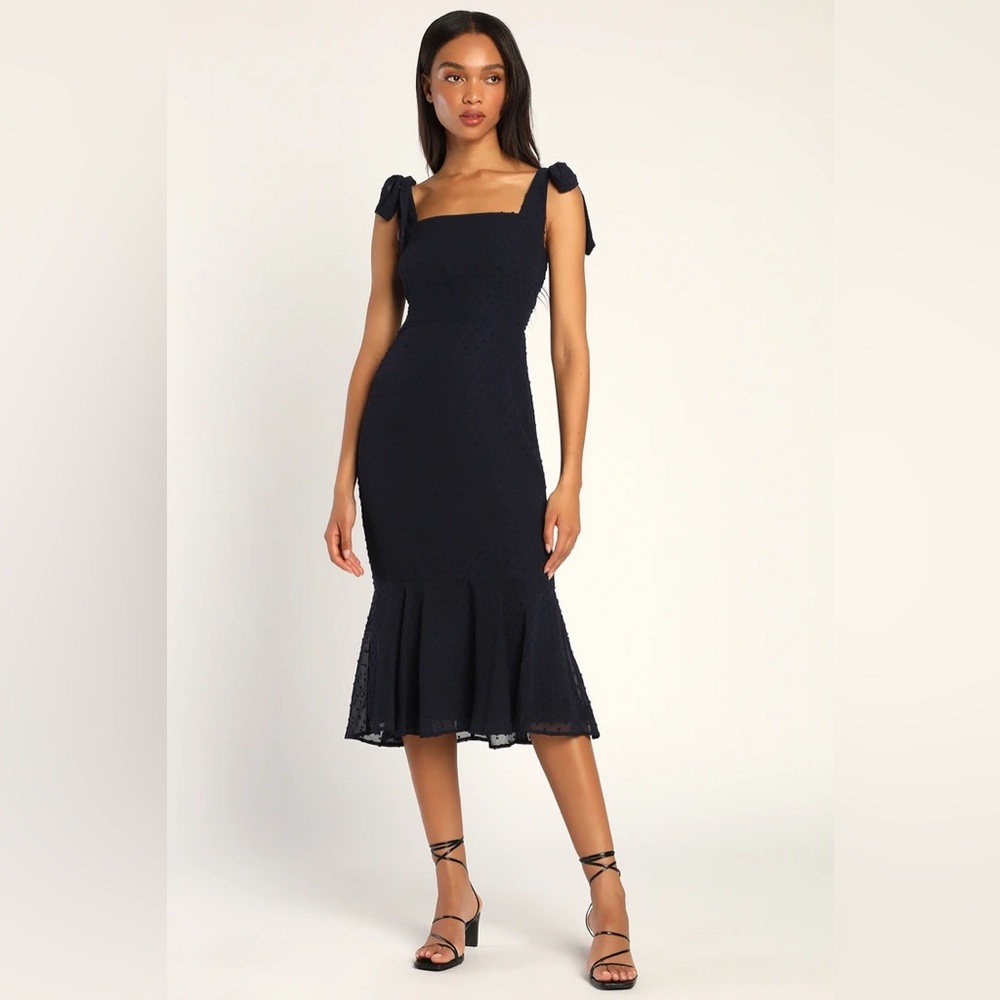 Lulus Bimini Navy Blue Swiss Dot Tie-Strap Midi Dress
